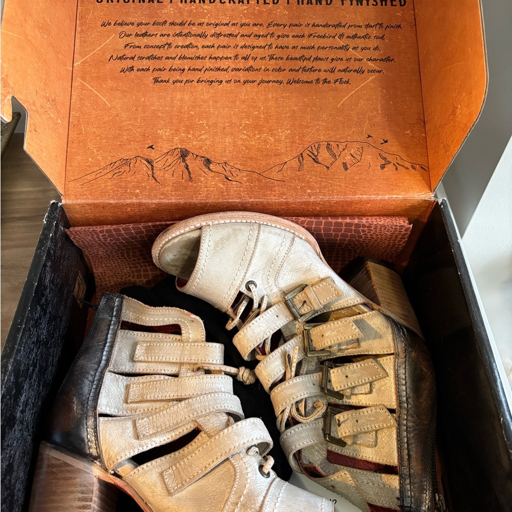 Freebird heels. Leather upper, lining, and sole.